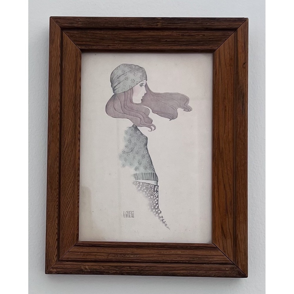 Anthony Gruerio Signed Vintage 60s Fashion Flapper Girl Framed Art Print 7x9